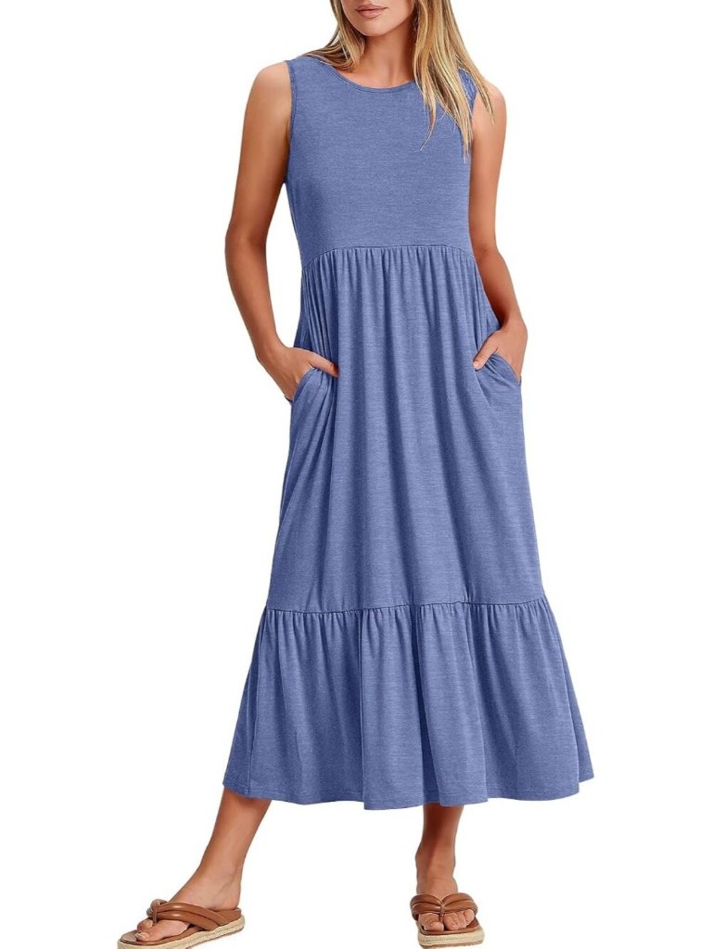 Women Grey Blue Crewneck Summer Sleeveless Sundress Aline Flowy Tiered Long Maxi
